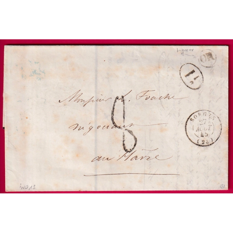 CAD TYPE 15 SORGES DORDOGNE OR LIGUEUX TAXE TAMPON 8 DECIME RURAL POUR LE HAVRE LETTRE COVER