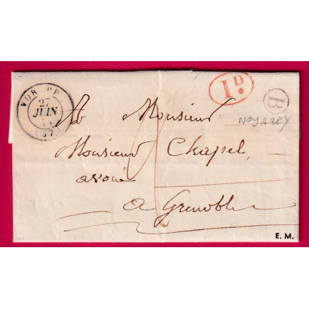 CAD TYPE 15 VOREPPE ISERE BOITE RURALE B NOYAREY DECIME RURAL ROUGE POUR GRENOBLE 1845 LETTRE COVER