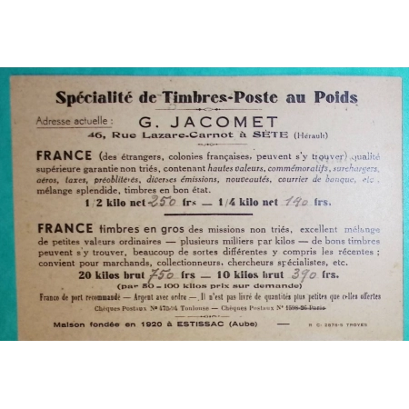 N°189 + 235 + 407 MIXTE SEMEUSE MERCURE CARTE POSTALE PUB TIMBRES POSTES AU POIDS JACOMET SETE HERAULT POUR MONTPELLIER