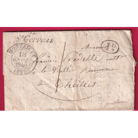 CURSIVE 62 ST GERVAIS PUY DE DOME 1840 DECIME RURAL TAXE LOCAL 1 IMPRIME DOMAINES  POUR THEILLET LETTRE COVER