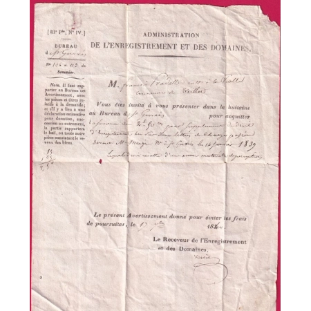 CURSIVE 62 ST GERVAIS PUY DE DOME 1840 DECIME RURAL TAXE LOCAL 1 IMPRIME DOMAINES  POUR THEILLET LETTRE COVER