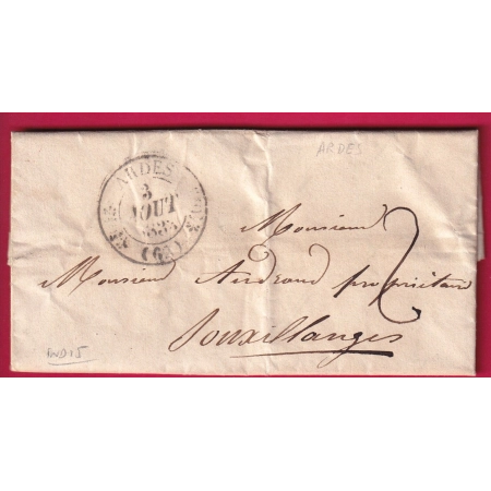 CAD TYPE 11 ARDES PUY DE DOME 1833 POUR SAUXILLANGES INDICE 15 LETTRE COVER