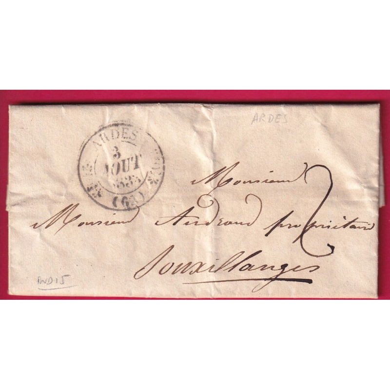 CAD TYPE 11 ARDES PUY DE DOME 1833 POUR SAUXILLANGES INDICE 15 LETTRE COVER