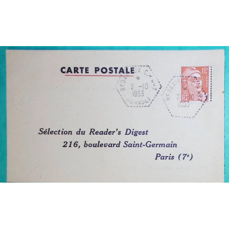 N°885 MARIANNE DE GANDON CACHET MANUEL POSTE AUTOMOBILE BEDARIEUX CP N°7 HERAULT PUB READER'S DIGEST 1953 COVER FRANCE
