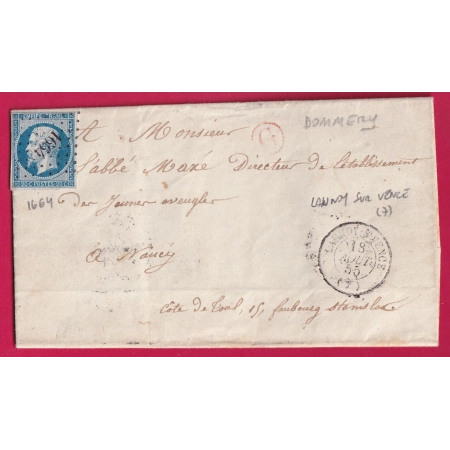 N°14 PC 1664 LAUNOY SUR VENCE ARDENNES BOITE RURALE ROUGE G DOMMERY POUR NANCY 1855 LETTRE COVER