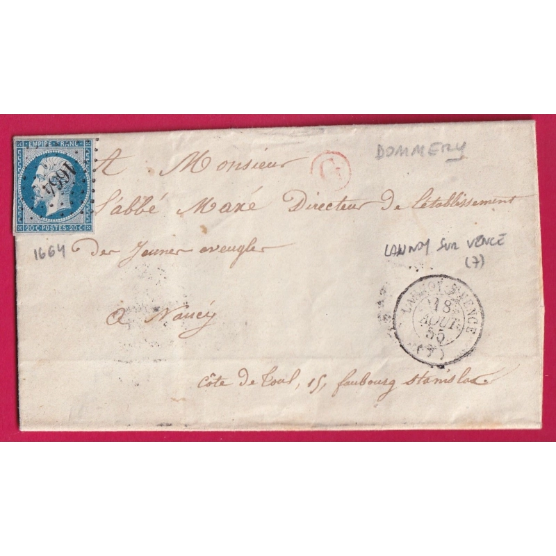 N°14 PC 1664 LAUNOY SUR VENCE ARDENNES BOITE RURALE ROUGE G DOMMERY POUR NANCY 1855 LETTRE COVER