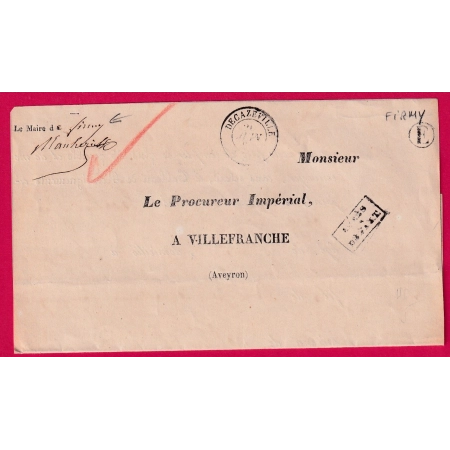 CAD TYPE 15 DECAZEVILLE AVEYRON BOITE RURALE E FIRMY POUR VILLEFRANCHE 1868 LETTRE COVER