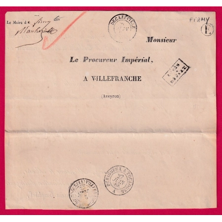 CAD TYPE 15 DECAZEVILLE AVEYRON BOITE RURALE E FIRMY POUR VILLEFRANCHE 1868 LETTRE COVER