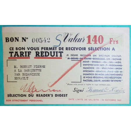 N°885 MARIANNE DE GANDON CACHET MANUEL POSTE AUTOMOBILE BEDARIEUX CP N°7 HERAULT PUB READER'S DIGEST 1953 COVER FRANCE