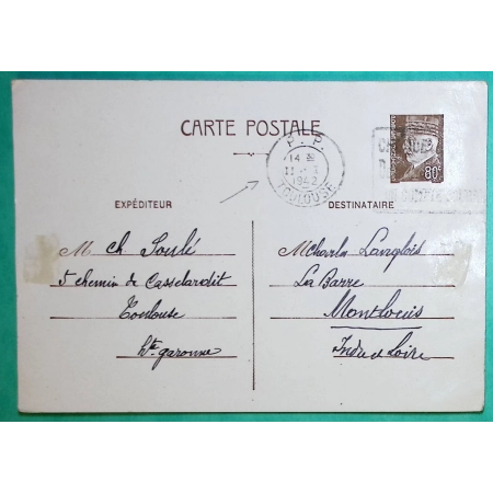 ENTIER PETAIN 80C CARTE POSTALE OBLITERATION MECANIQUE FLIER PP TOULOUSE CHEQUE POSTAUX POUR MONTLOUIS 1942 COVER FRANCE