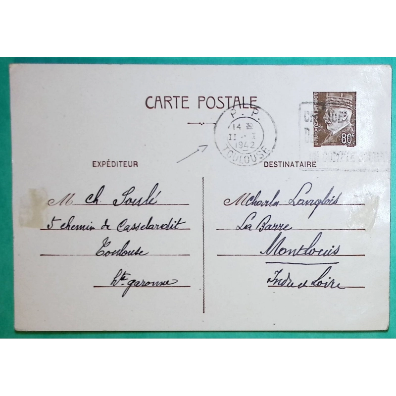ENTIER PETAIN 80C CARTE POSTALE OBLITERATION MECANIQUE FLIER PP TOULOUSE CHEQUE POSTAUX POUR MONTLOUIS 1942 COVER FRANCE