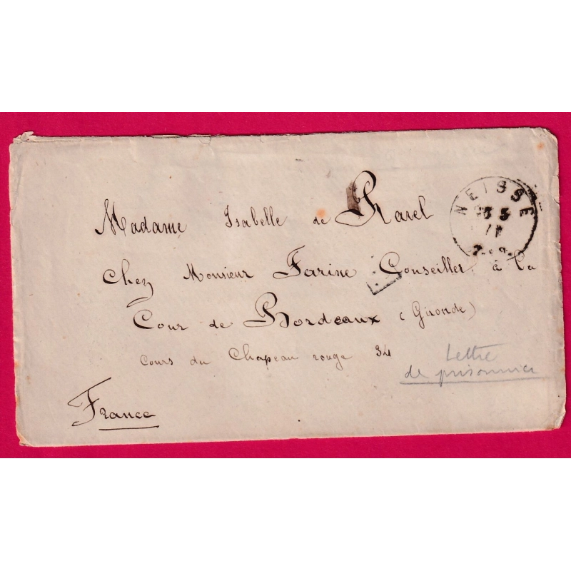 GUERRE 1870 PRISONNIER DE GUERRE EN ALLEMAGNE NEISSE SILESIE POUR BORDEAUX  LETTRE COVER
