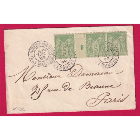 N°102 BANDE DE 3 MILLESIME 9 ST HILAIRE DU HARCOUET MANCHE 1899 POUR PARIS LETTRE COVER