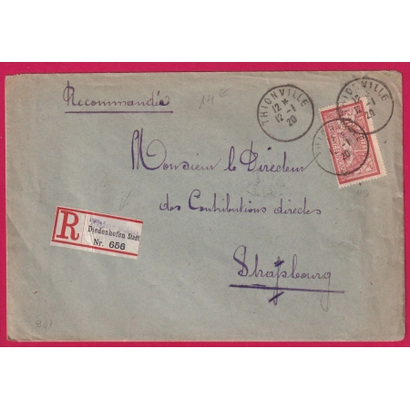 N°119 THIONVILLE MOSELLE 1920 ECHOPPE ETIQUETTE ALLEMANDE DIEDENHOFEN POUR STRASBOURG LETTRE COVER