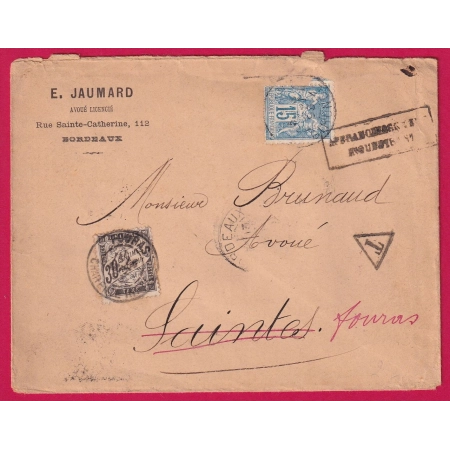 N°90 BORDEAUX GIRONDE 1896 TAXE MILLESIME 30C NOIR FOURRAS CHARENTE INFERIEURE LETTRE COVER
