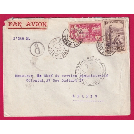 COTE D'IVOIRE ABIDJAN COTE D'IVOIRE 1940 PAR AVION CENSURE AOF POUR PARIS LETTRE COVER