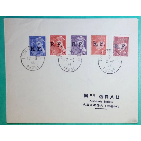 N°514 + 515 + 546 + 547 + 548 MIXTE PETAIN HOURRIEZ MERCURE SURCHARGE RF LYON POUR ALGER 1944 LETTRE COVER FRANCE