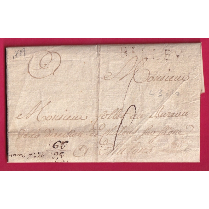 MARQUE BELLEY AIN 1779 LENAIN N°3 INDICE 10 POUR CHALON SUR SAONE ET LOIRE LETTRE COVER