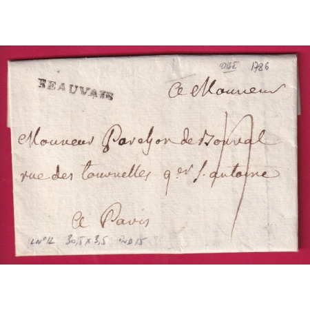 MARQUE BEAUVAIS OISE 1786 LENAIN N°12 INDICE 15 POUR PARIS LETTRE COVER
