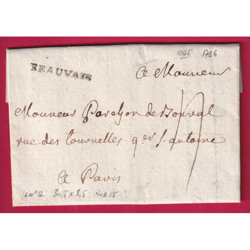 MARQUE BEAUVAIS OISE 1786 LENAIN N°12 INDICE 15 POUR PARIS LETTRE COVER