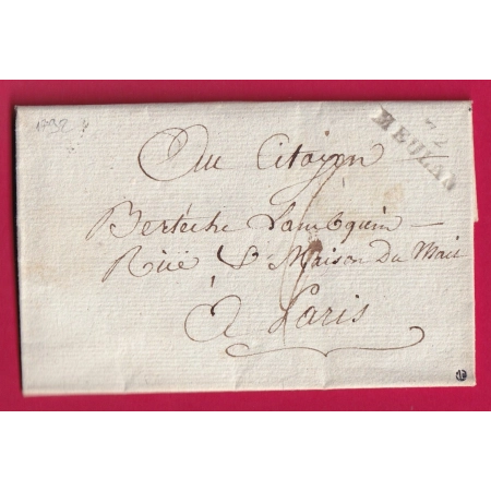 MARQUE 72 MEULAN SEINE ET OISE 1792 POUR PARIS INDICE 14 LETTRE COVER
