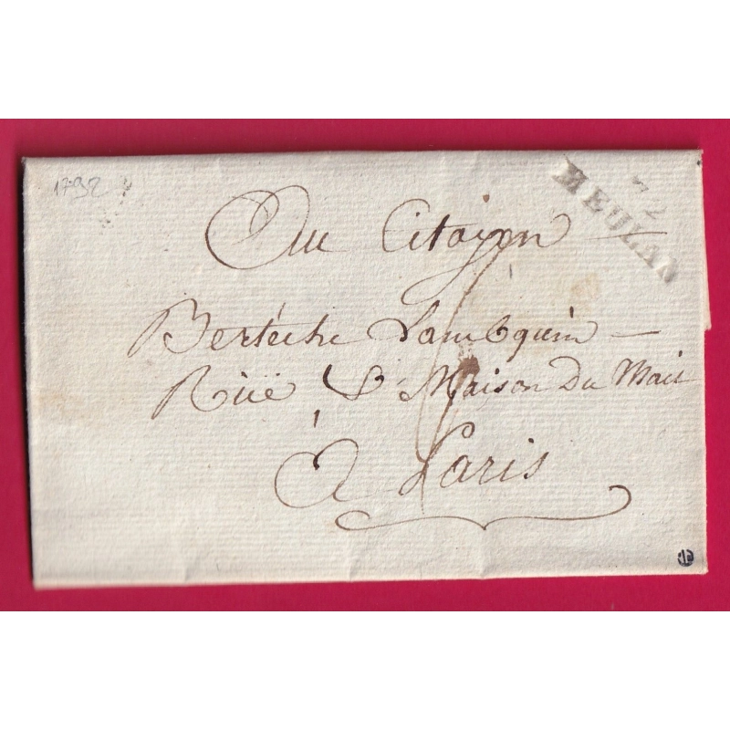 MARQUE 72 MEULAN SEINE ET OISE 1792 POUR PARIS INDICE 14 LETTRE COVER