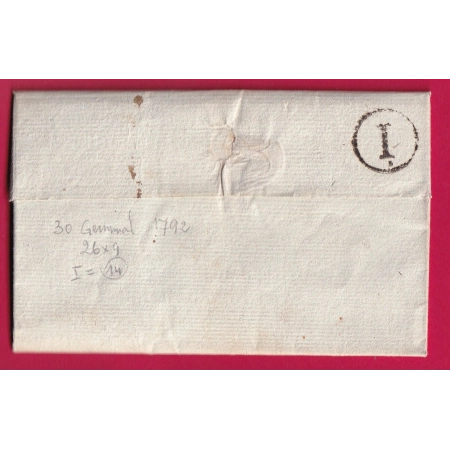 MARQUE 72 MEULAN SEINE ET OISE 1792 POUR PARIS INDICE 14 LETTRE COVER