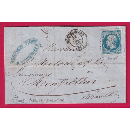 RARE PC DU GC SUR N°22 MONTELIMART DROME PC DU GC 2448 POUR MONTPELLIER HERAULT 22 DEC 1862 LETTRE COVER FRANCE