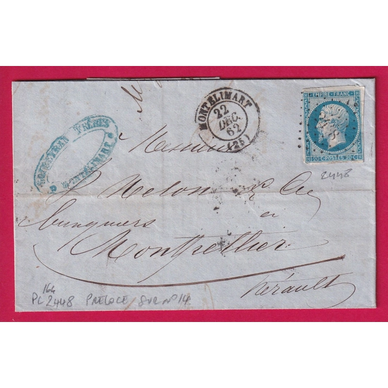 RARE PC DU GC SUR N°22 MONTELIMART DROME PC DU GC 2448 POUR MONTPELLIER HERAULT 22 DEC 1862 LETTRE COVER FRANCE