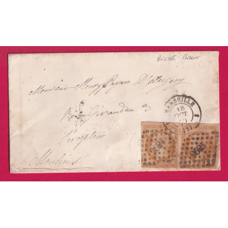 N°13 PAIRE BISTRE BRUN SUR CHAMOIS PC 1896 MARSEILLE POUR MOULINS ALLIER LETTRE COVER