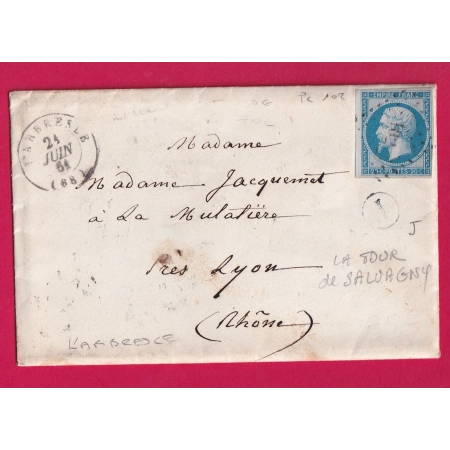 N°14 PC 102 L'ARBRESLE RHONE BOITE RURALE J LA TOUR DE SALVAGNY POUR LYON LA MULATIERE LETTRE COVER