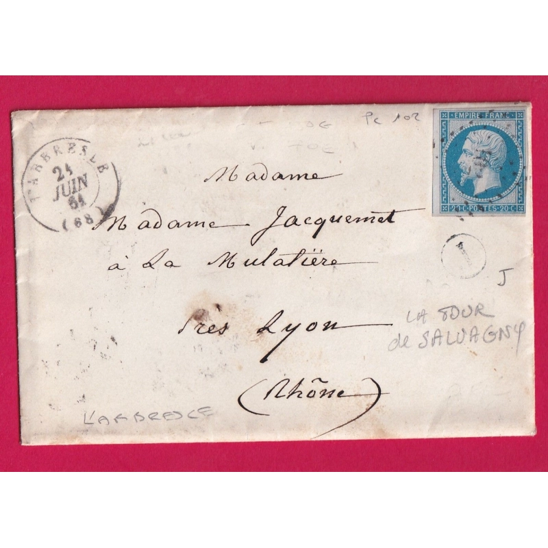 N°14 PC 102 L'ARBRESLE RHONE BOITE RURALE J LA TOUR DE SALVAGNY POUR LYON LA MULATIERE LETTRE COVER