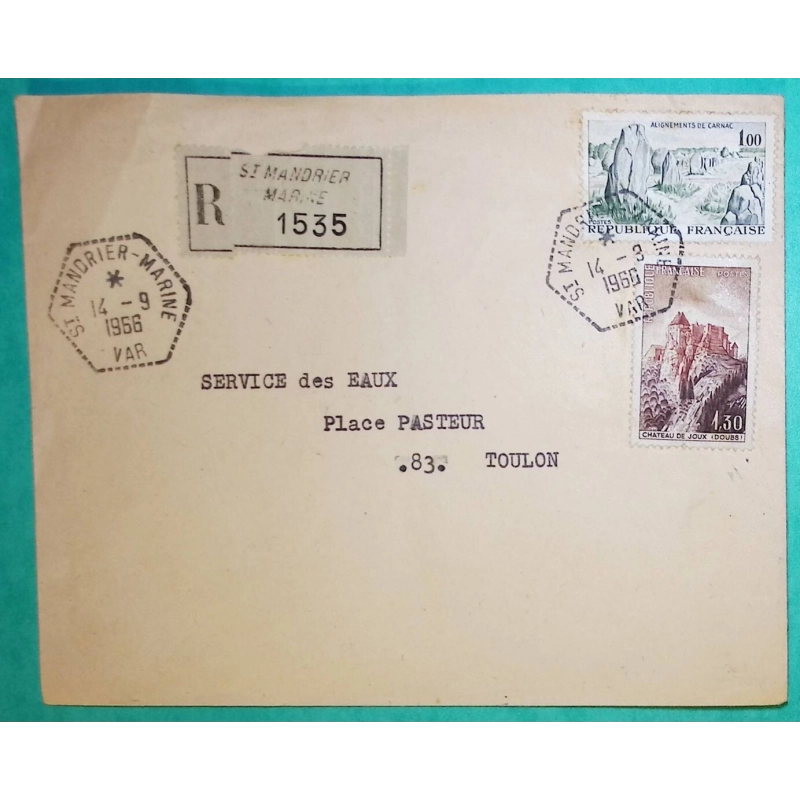 N°1440 + 1441 CARNAC CHATEAU DE JOUX RECOMMANDE CACHET MANUEL ST MANDRIER MARINE VAR POUR TOULON 1966 COVER FRANCE