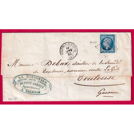 N°22 PC DU GC 4077 VALENCE SUR RHONE DROME CAD TYPE 15 INDICE 18 POUR TOULOUSE 11 JANVIER 1863 LETTRE COVER FRANCE