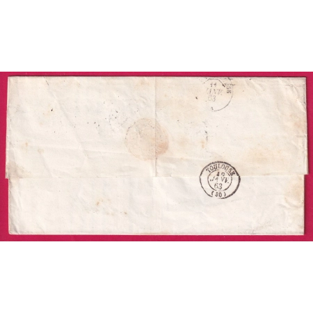 N°22 PC DU GC 4077 VALENCE SUR RHONE DROME CAD TYPE 15 INDICE 18 POUR TOULOUSE 11 JANVIER 1863 LETTRE COVER FRANCE