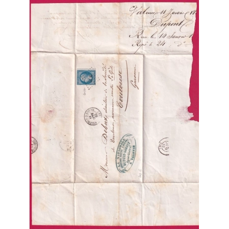 N°22 PC DU GC 4077 VALENCE SUR RHONE DROME CAD TYPE 15 INDICE 18 POUR TOULOUSE 11 JANVIER 1863 LETTRE COVER FRANCE