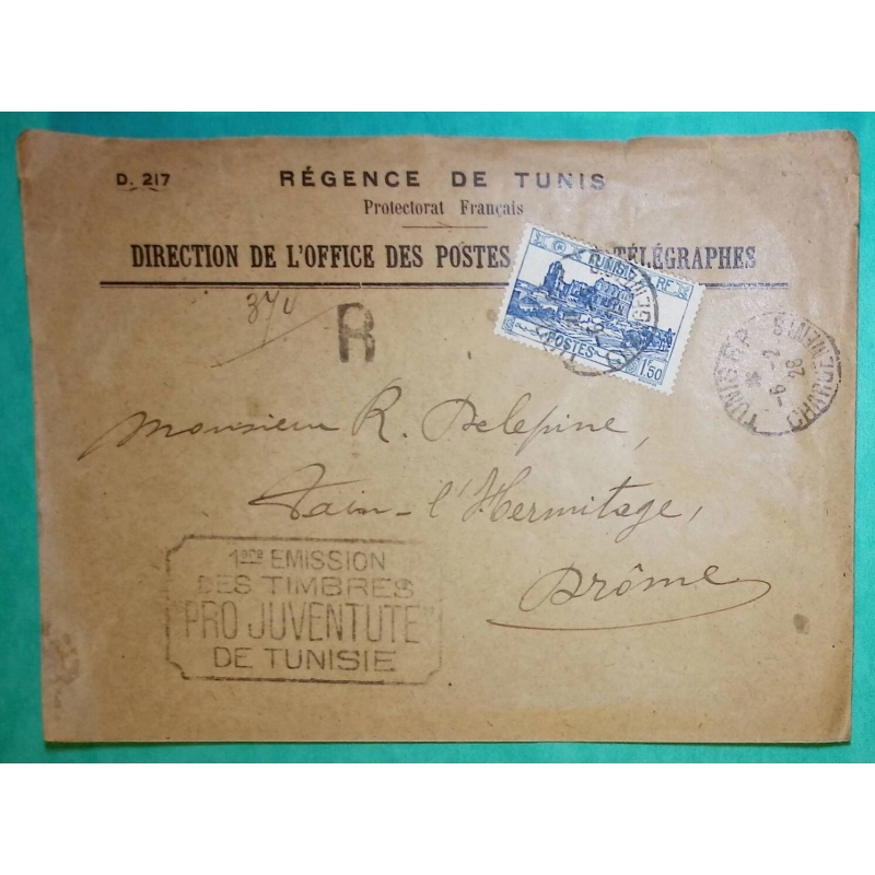 RECOMMANDE REGENCE DE TUNIS GRIFFE 1ère EMISSION DES TIMBRES PRO JUVENTUTE POUR TAIN L'HERMITAGE DROME 1928 COVER FRANCE