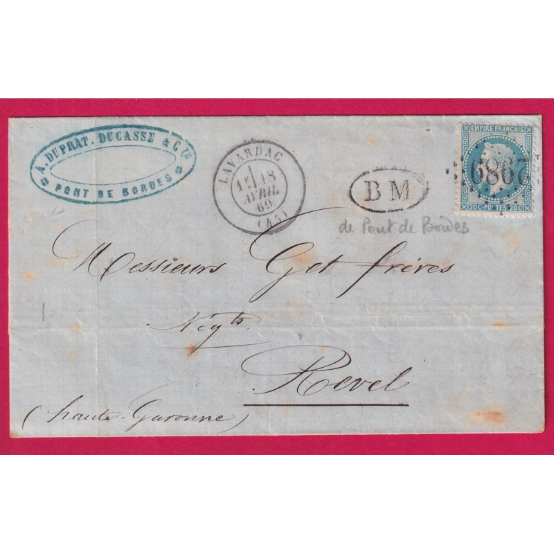 N°29 GC 2989 LAVARDAC LOT ET GARONNE BM DE PONT DE BORDES POUR REVEL HAUTE GARONNE  LETTRE COVER FRANCE ETIQUETTE PUB