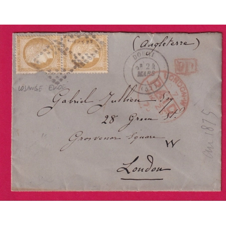 N°55 PAIRE LOSANGE EVIDE ROUBAIX NORD POUR LONDRES ANGLETERRE LETTRE COVER
