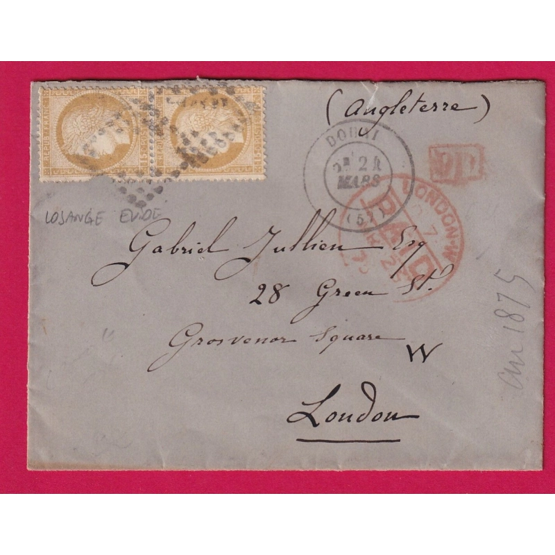 N°55 PAIRE LOSANGE EVIDE ROUBAIX NORD POUR LONDRES ANGLETERRE LETTRE COVER