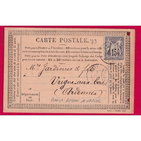 N°77 BASTIA BATEAU A VAPEUR CORSE CARTE PRECURSEUR POUR VRIGNES AUX BOIS ARDENNES INDICE 19 LETTRE COVER