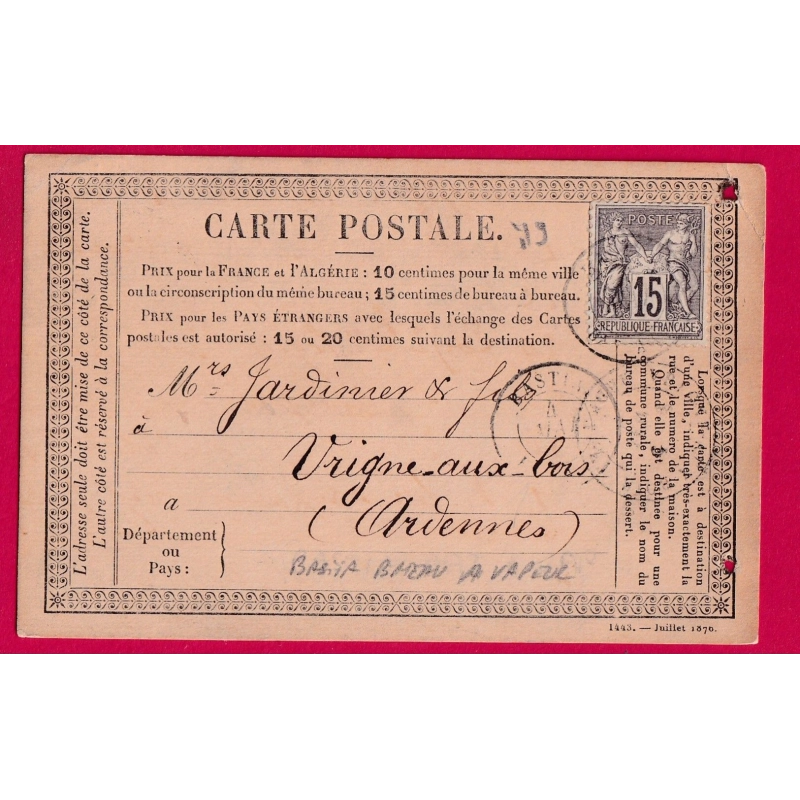 N°77 BASTIA BATEAU A VAPEUR CORSE CARTE PRECURSEUR POUR VRIGNES AUX BOIS ARDENNES INDICE 19 LETTRE COVER