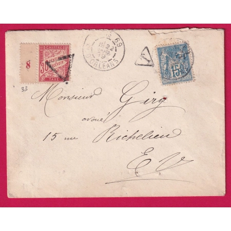 N°90 PARIS 69 AV ORLEANS TAXE DUVAL 30C ROUGE N°33 MILLESIME 8 POUR PARIS LETTRE COVER