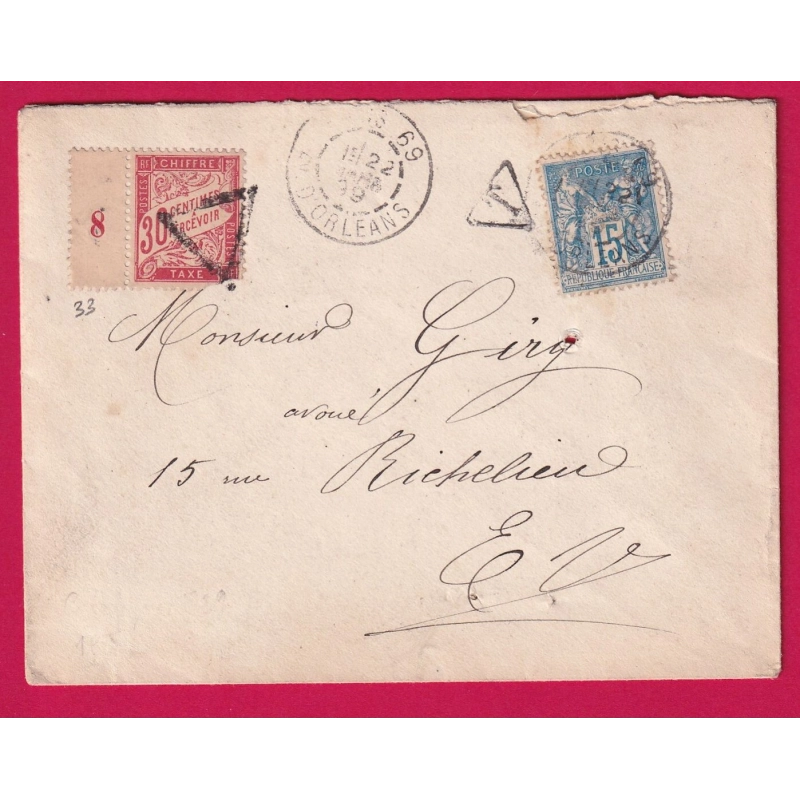 N°90 PARIS 69 AV ORLEANS TAXE DUVAL 30C ROUGE N°33 MILLESIME 8 POUR PARIS LETTRE COVER