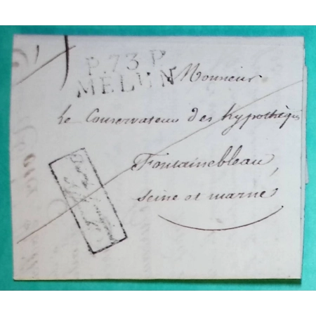 MARQUE P73P MELUN SEINE ET MARNE POUR FONTAINEBLEAU + CACHET PRIVE 28x12 1825 LETTRE COVER FRANCE