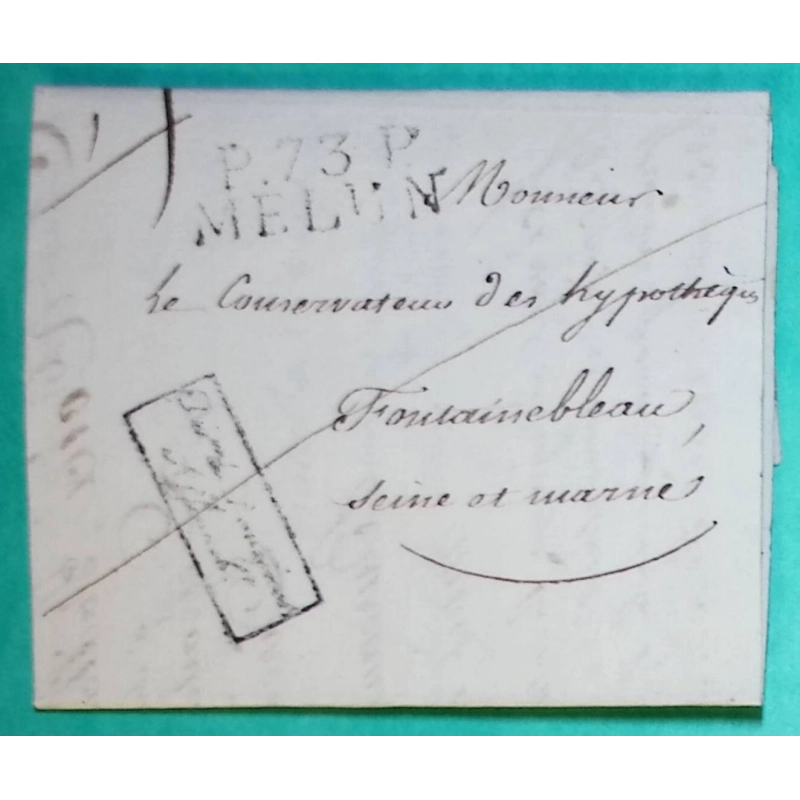 MARQUE P73P MELUN SEINE ET MARNE POUR FONTAINEBLEAU + CACHET PRIVE 28x12 1825 LETTRE COVER FRANCE