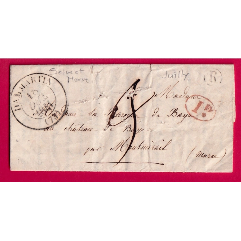 CAD TYPE 13 DAMMARTIN SEINE ET MARNE 1841 BOITE RURALE B JUILLY DECIME RURAL POUR MONTMIRAIL MARNE LETTRE COVER