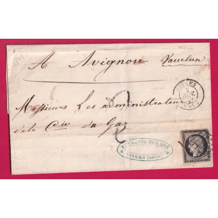 N°3 GRILLE GIVORS RHONE 2 NOV 1849 TAXE TAMPON 2 POUR AVIGNON VAUCLUSE LETTRE COVER