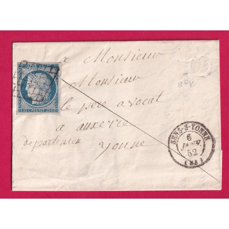 N°4 GRILLE SENS SUR YONNE BOITE RURALE V NON IDENTIFIEE POUR AUXERRE LETTRE COVER