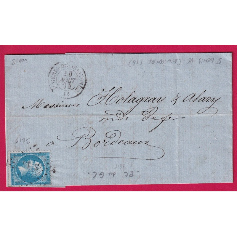 N°22 PC DU GC 3615 ST GENIS DE SAINTONGE CHARENTE INFERIEURE POUR BORDEAUX INDICE 13 LETTRE COVER